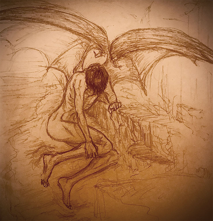 Dessin au crayon d'un ange se relevant de sa chute.