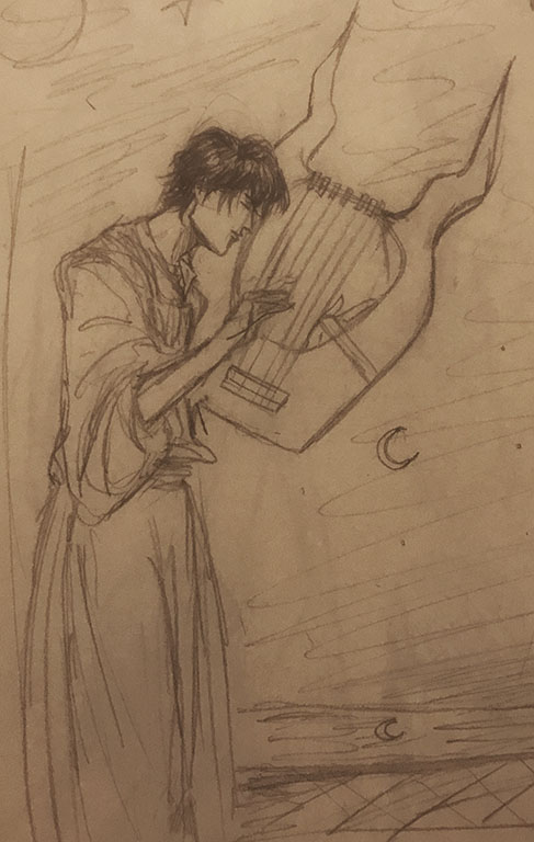 Dessin au crayon d'un jeune homme jouant de la lyre.