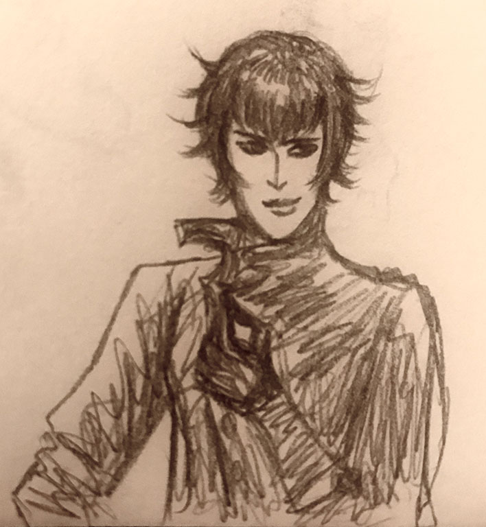 Dessin au crayon d'une femme en manteau et gants.